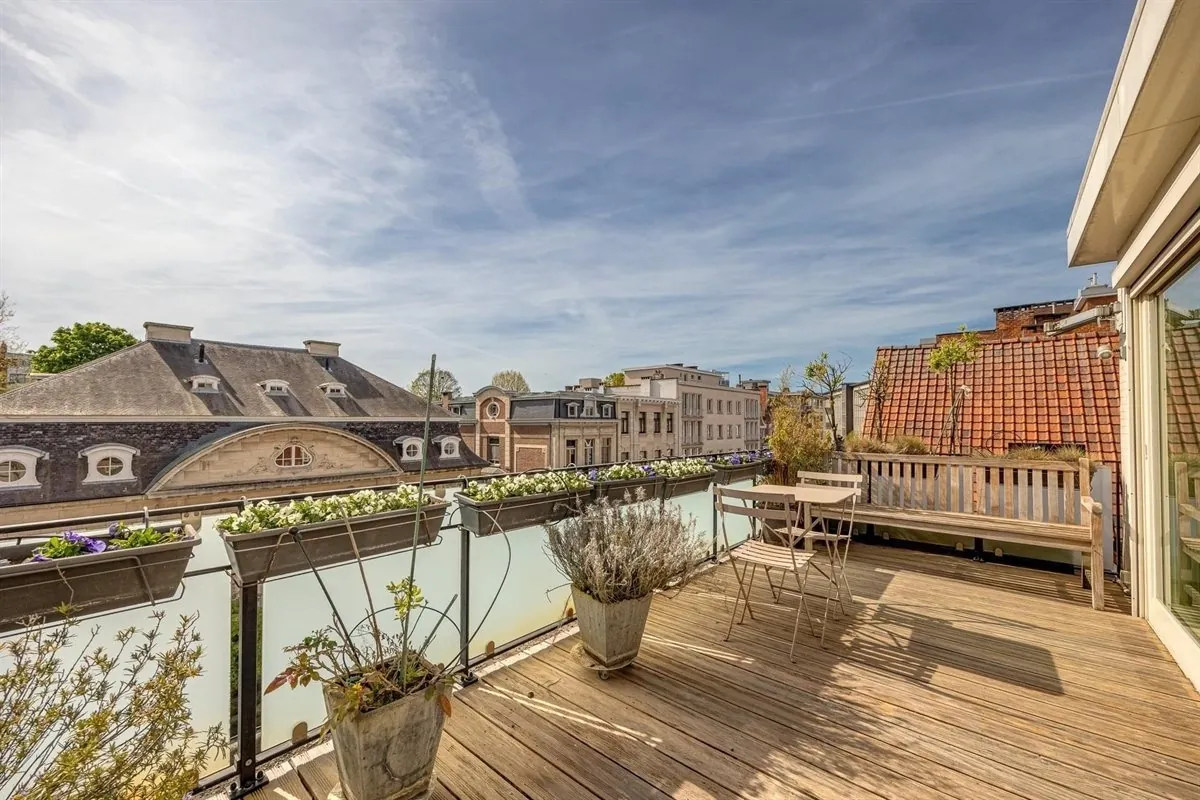 Groot houten dakterras met zicht over de daken van Antwerpen
